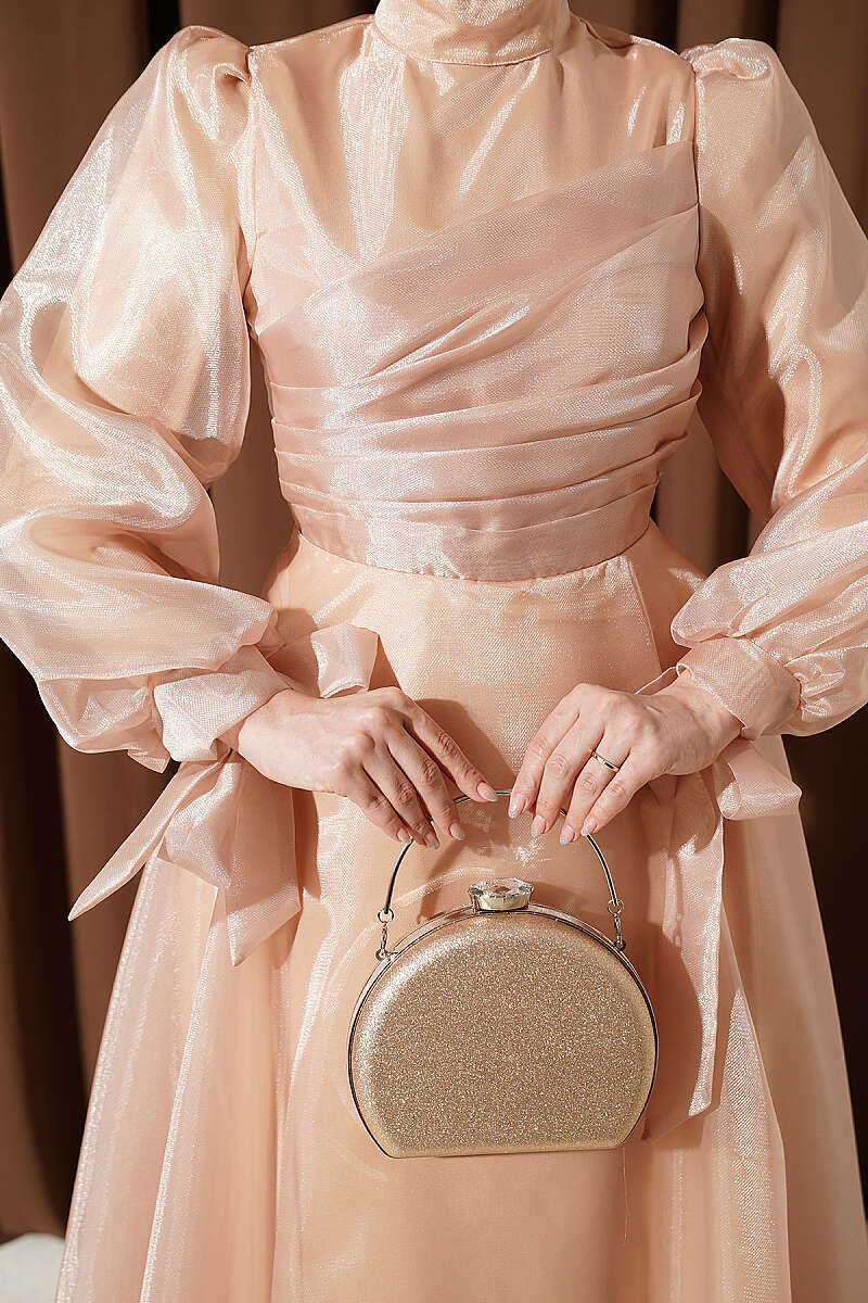 Tulle Evening Dress with Pleated Front - Beige