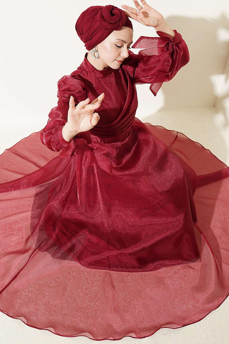Tulle Evening Dress with Pleated Front - Burgundy