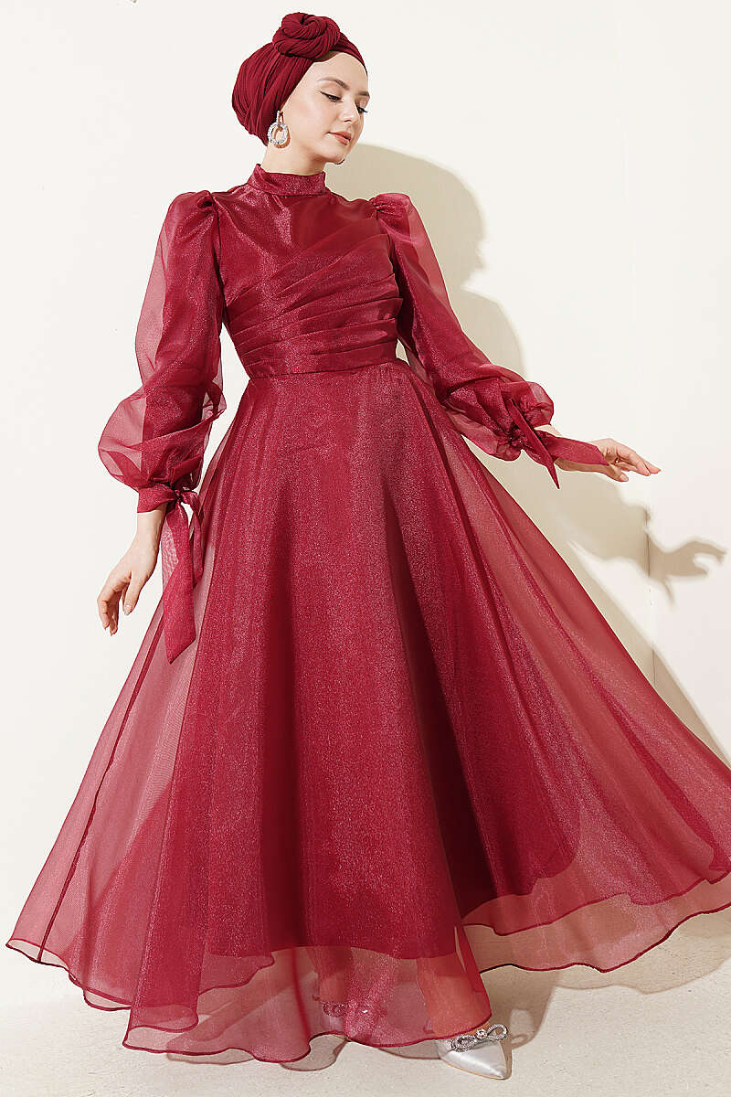 Tulle Evening Dress with Pleated Front - Burgundy