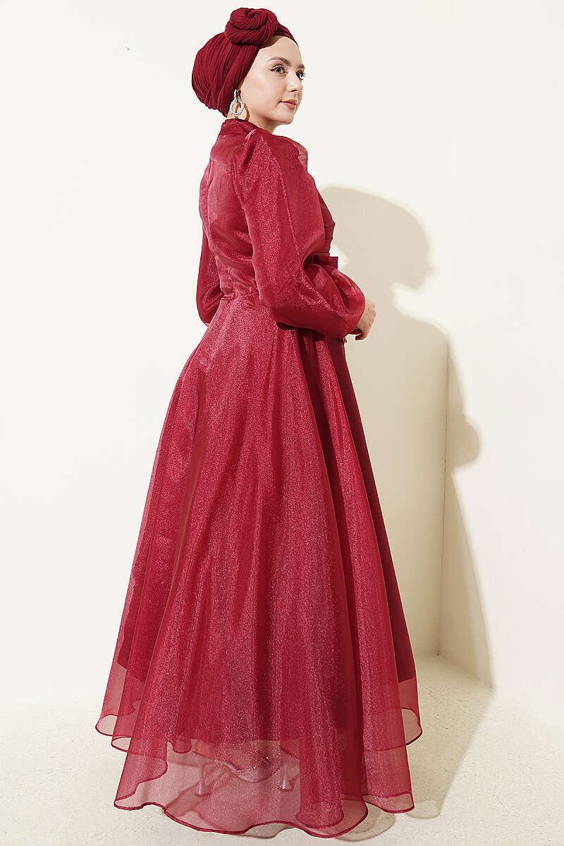 Tulle Evening Dress with Pleated Front - Burgundy