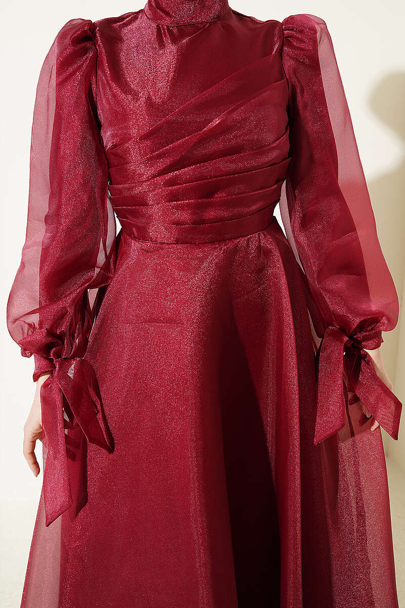 Tulle Evening Dress with Pleated Front - Burgundy