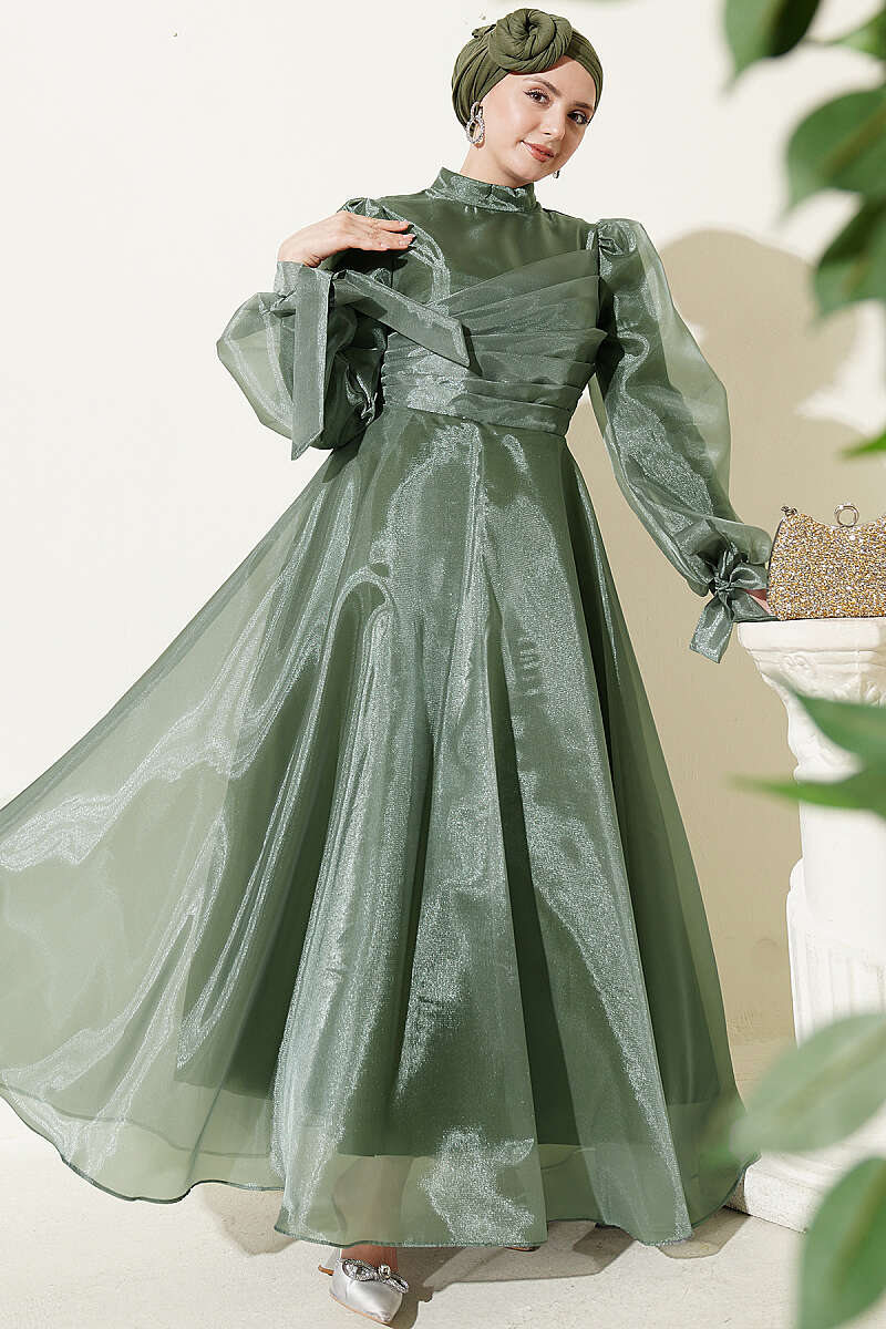 Tulle Evening Dress with Pleated Front - Khaki
