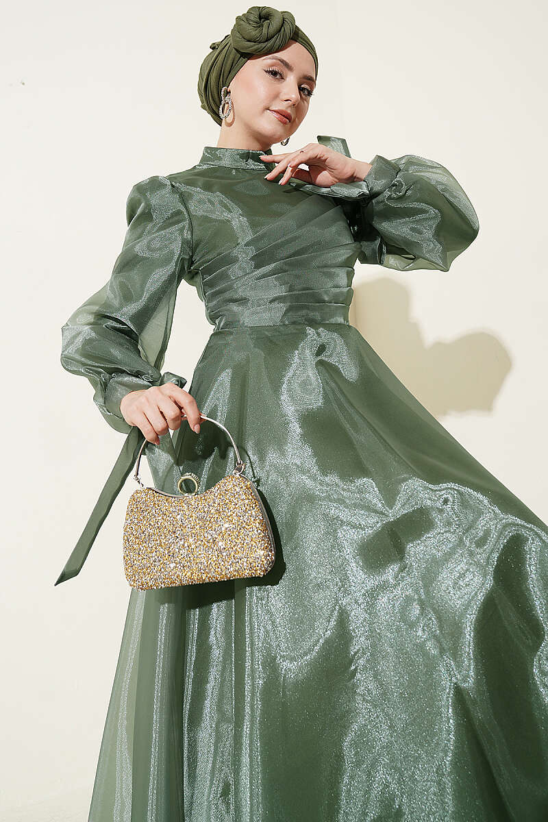 Tulle Evening Dress with Pleated Front - Khaki