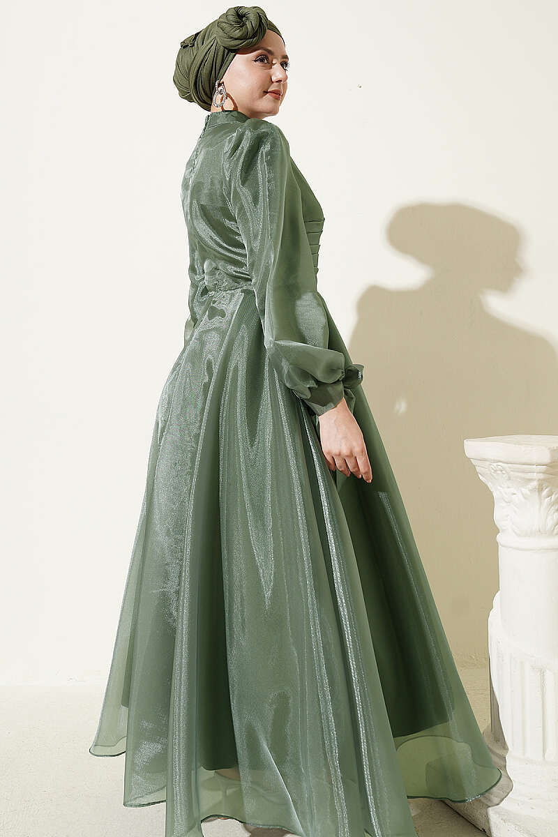 Tulle Evening Dress with Pleated Front - Khaki
