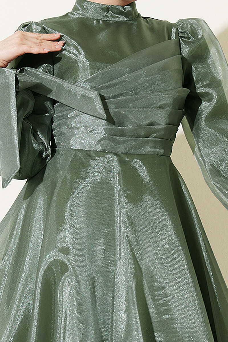 Tulle Evening Dress with Pleated Front - Khaki