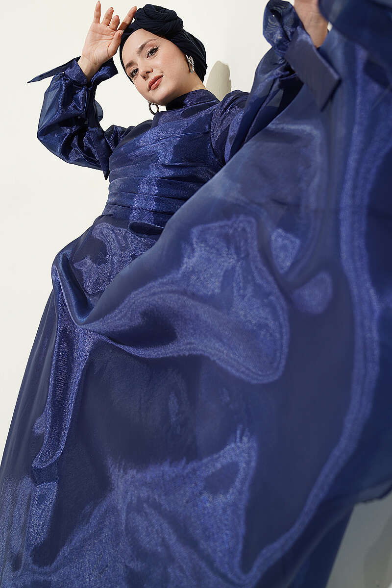 Tulle Evening Dress with Pleated Front - Navy