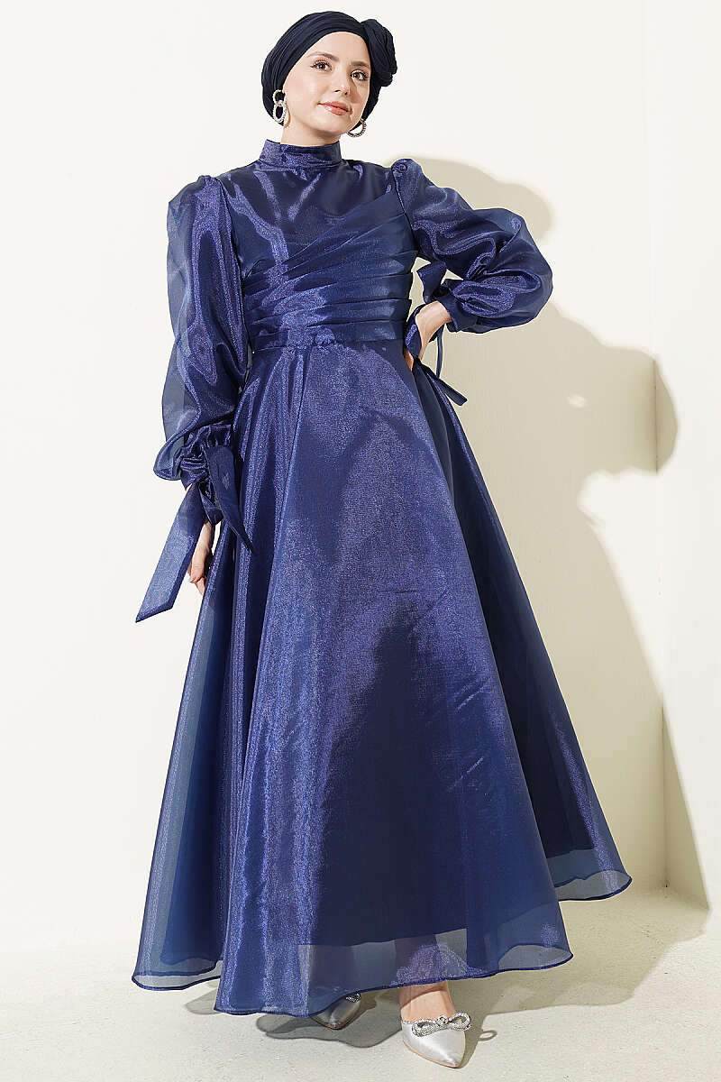 Tulle Evening Dress with Pleated Front - Navy