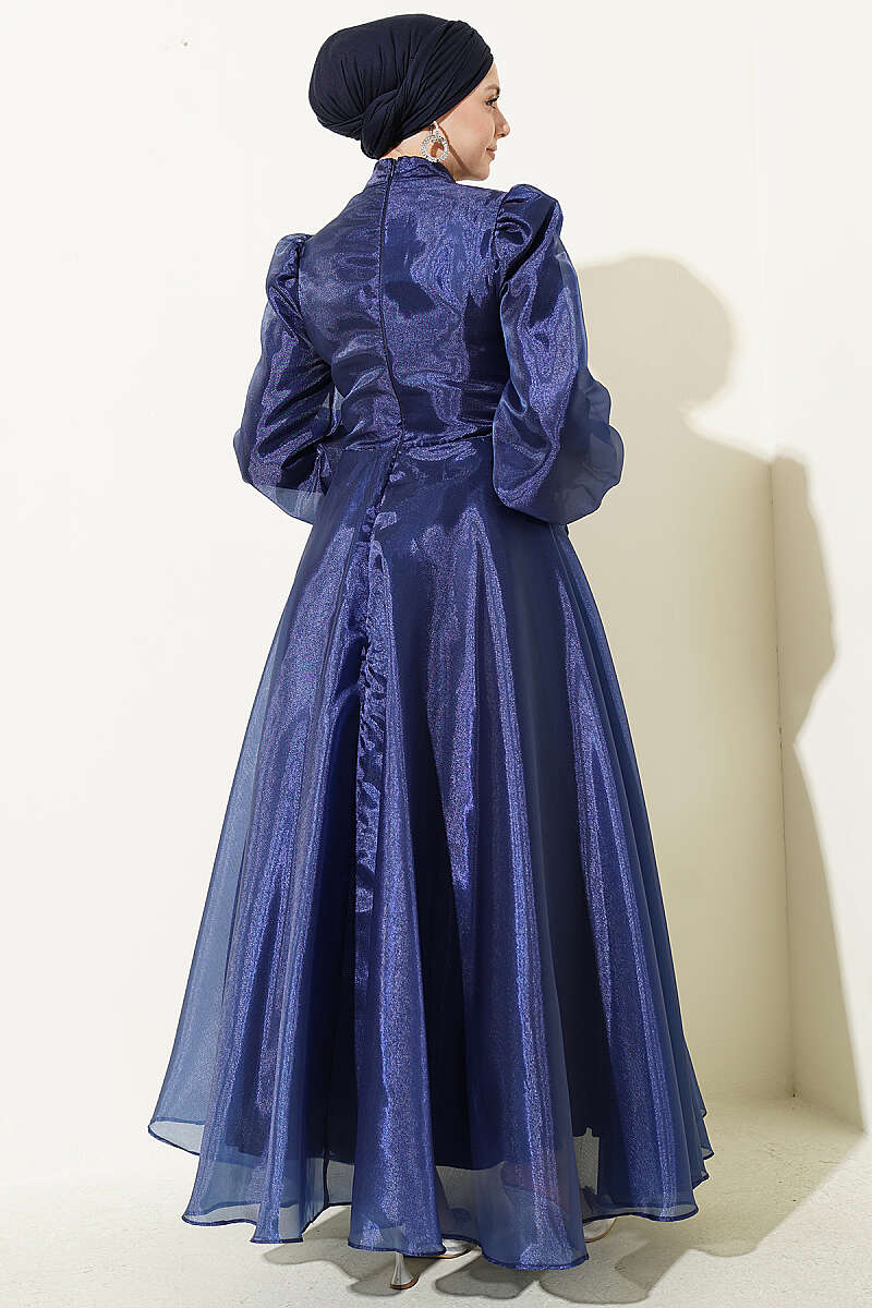 Tulle Evening Dress with Pleated Front - Navy
