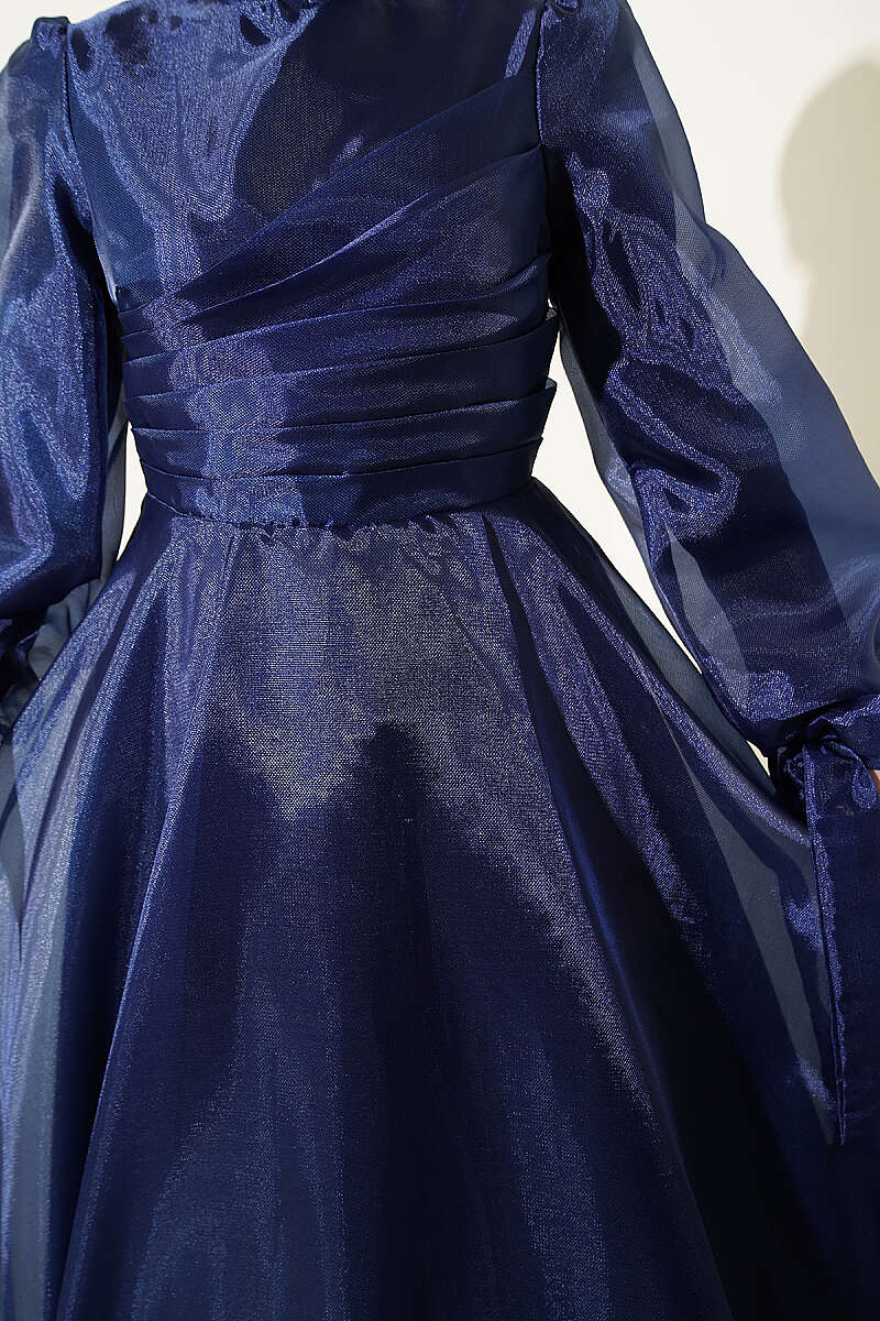 Tulle Evening Dress with Pleated Front - Navy