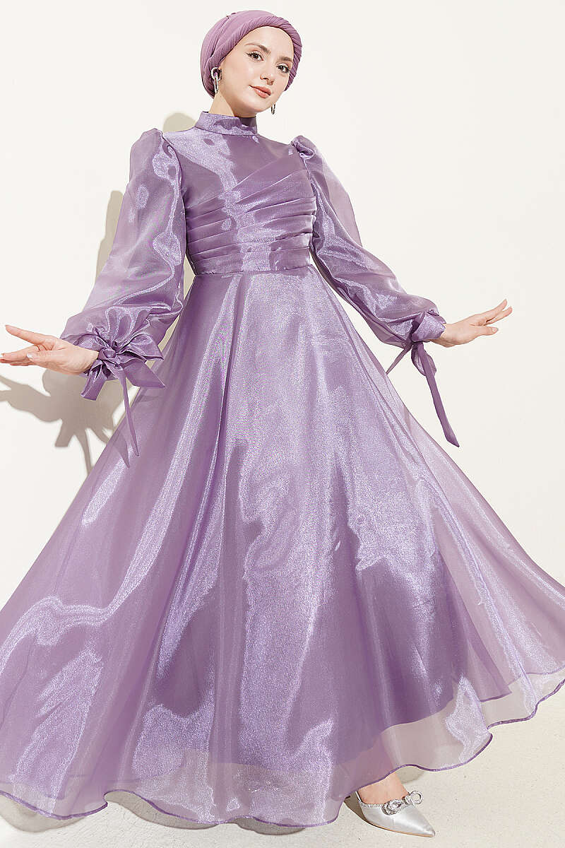 Tulle Evening Dress with Pleated Front - Lilac