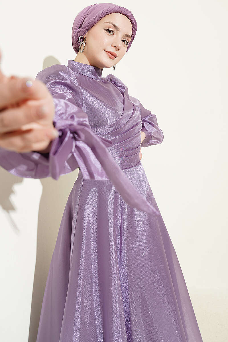 Tulle Evening Dress with Pleated Front - Lilac