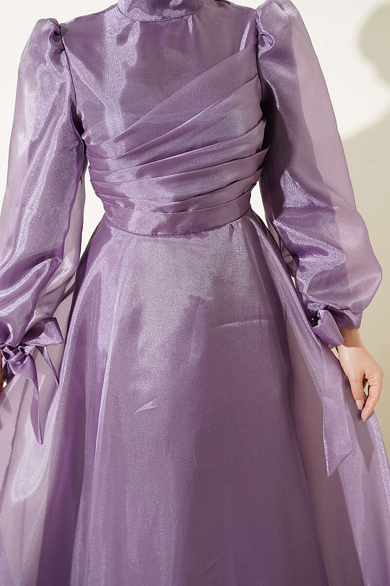 Tulle Evening Dress with Pleated Front - Lilac