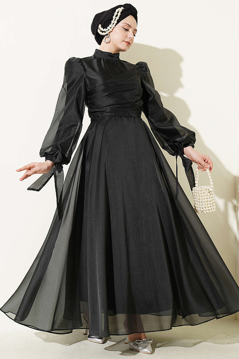 Tulle Evening Dress with Pleated Front - Black