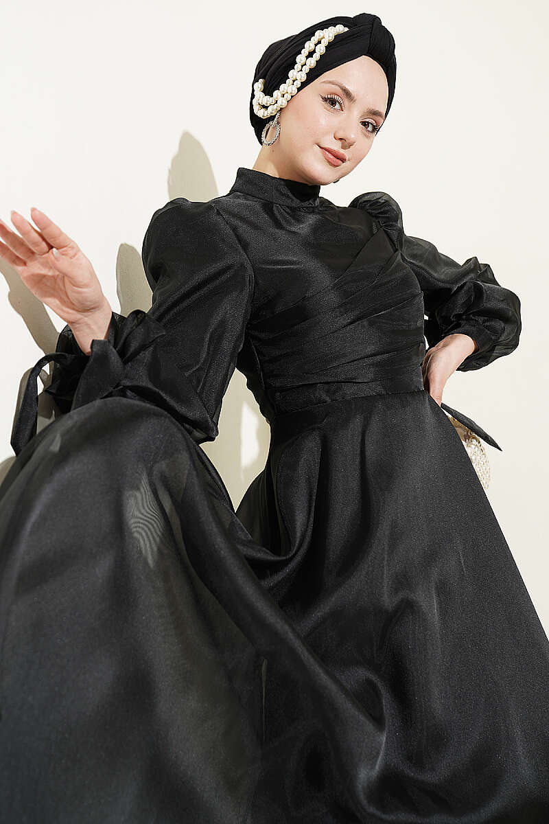 Tulle Evening Dress with Pleated Front - Black
