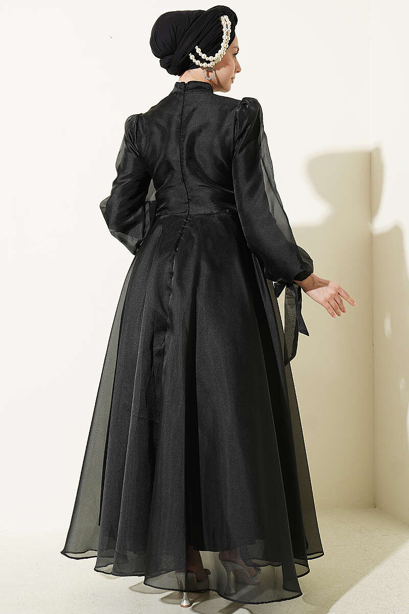 Tulle Evening Dress with Pleated Front - Black