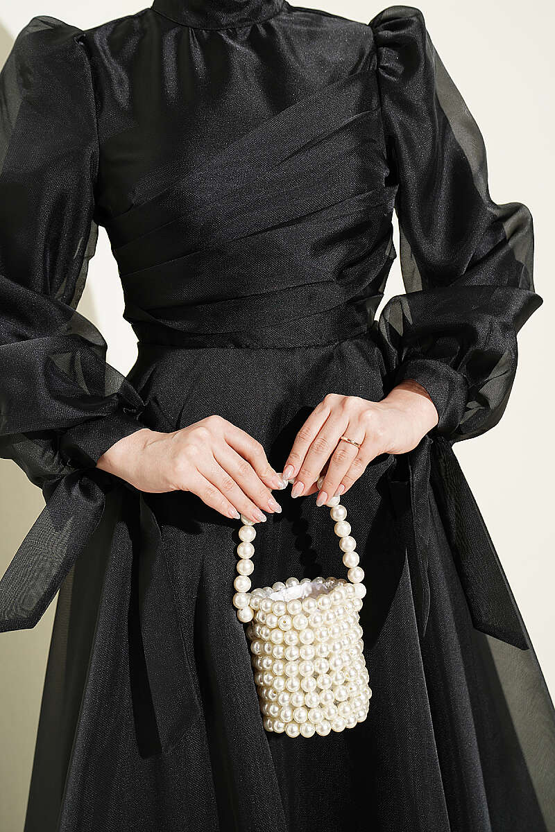 Tulle Evening Dress with Pleated Front - Black