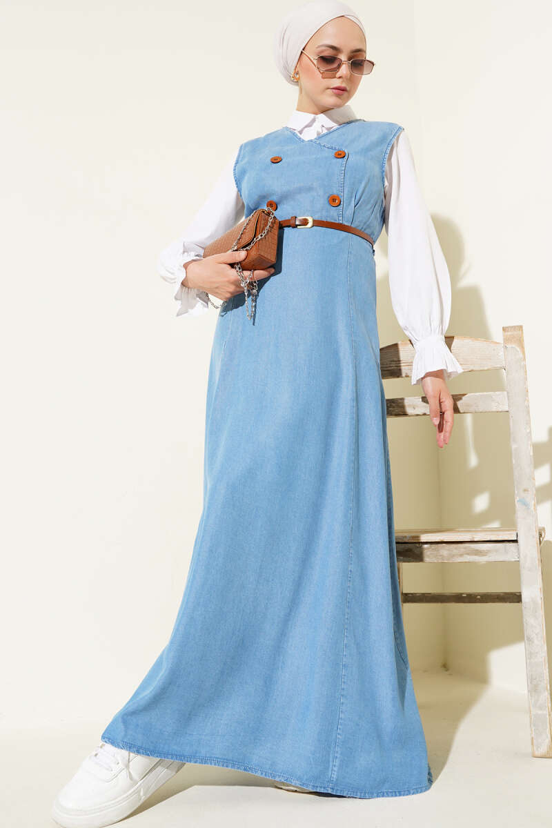 Sleeveless Dress with Wooden Front Buttons - Denim Blue