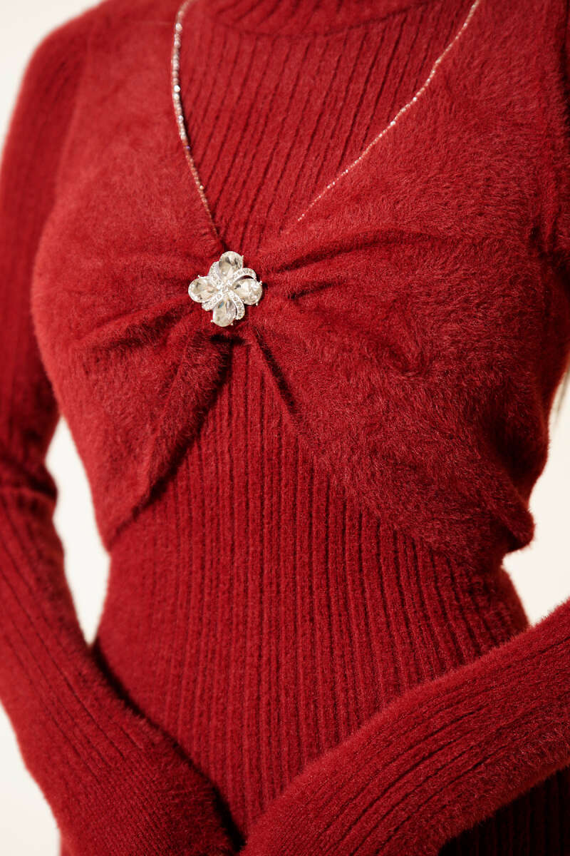 Fluffy Dress with Stone Front - Burgundy