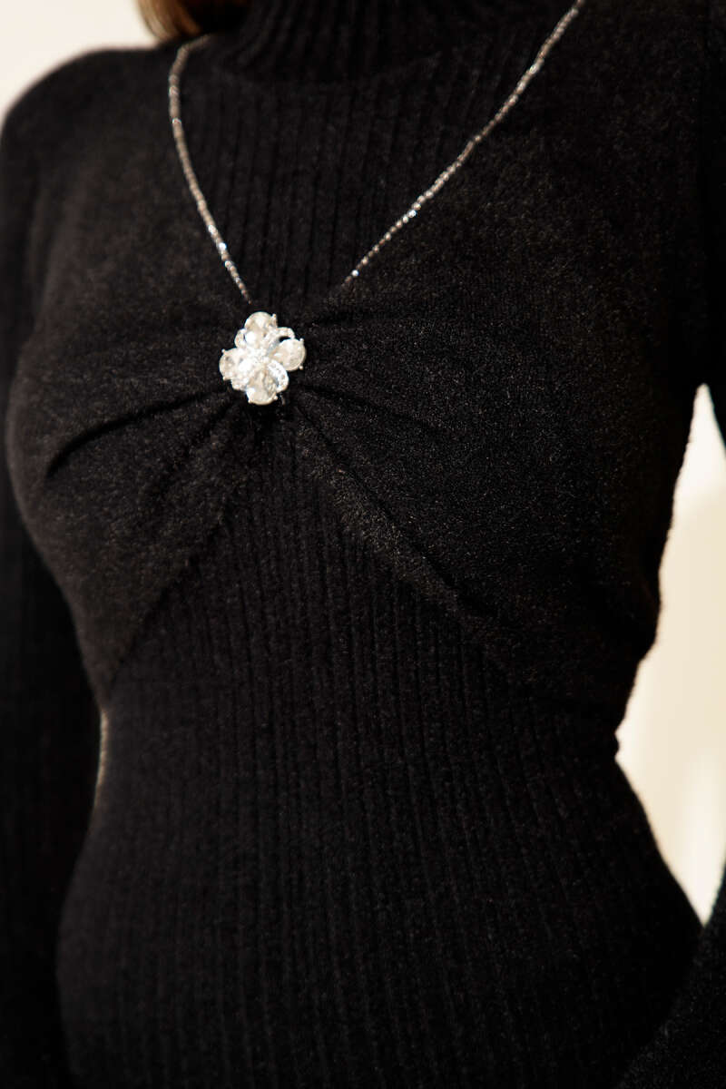 Fluffy Dress with Stone Front - Black