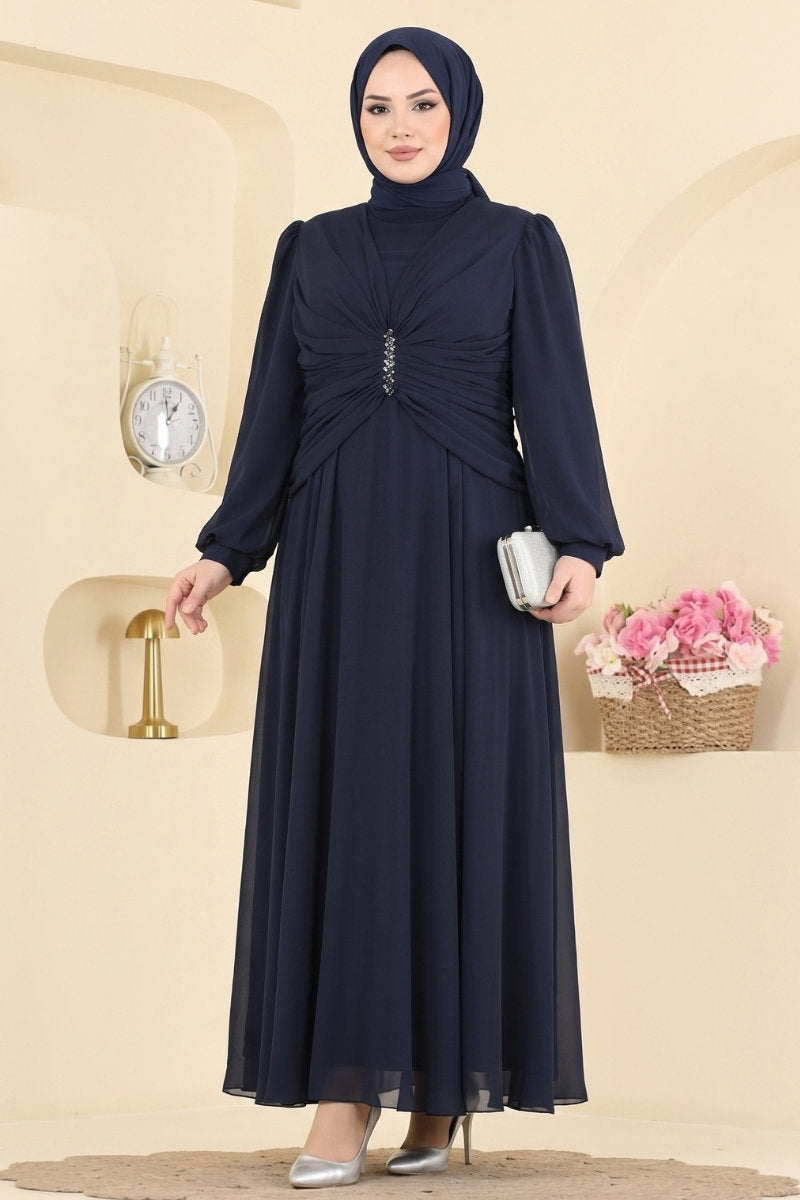 Chiffon Evening Dress with Stones and Ruched Front - Navy