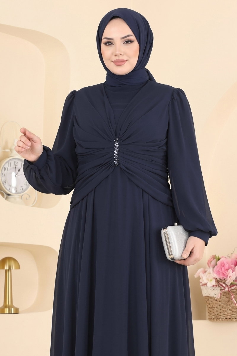 Chiffon Evening Dress with Stones and Ruched Front - Navy