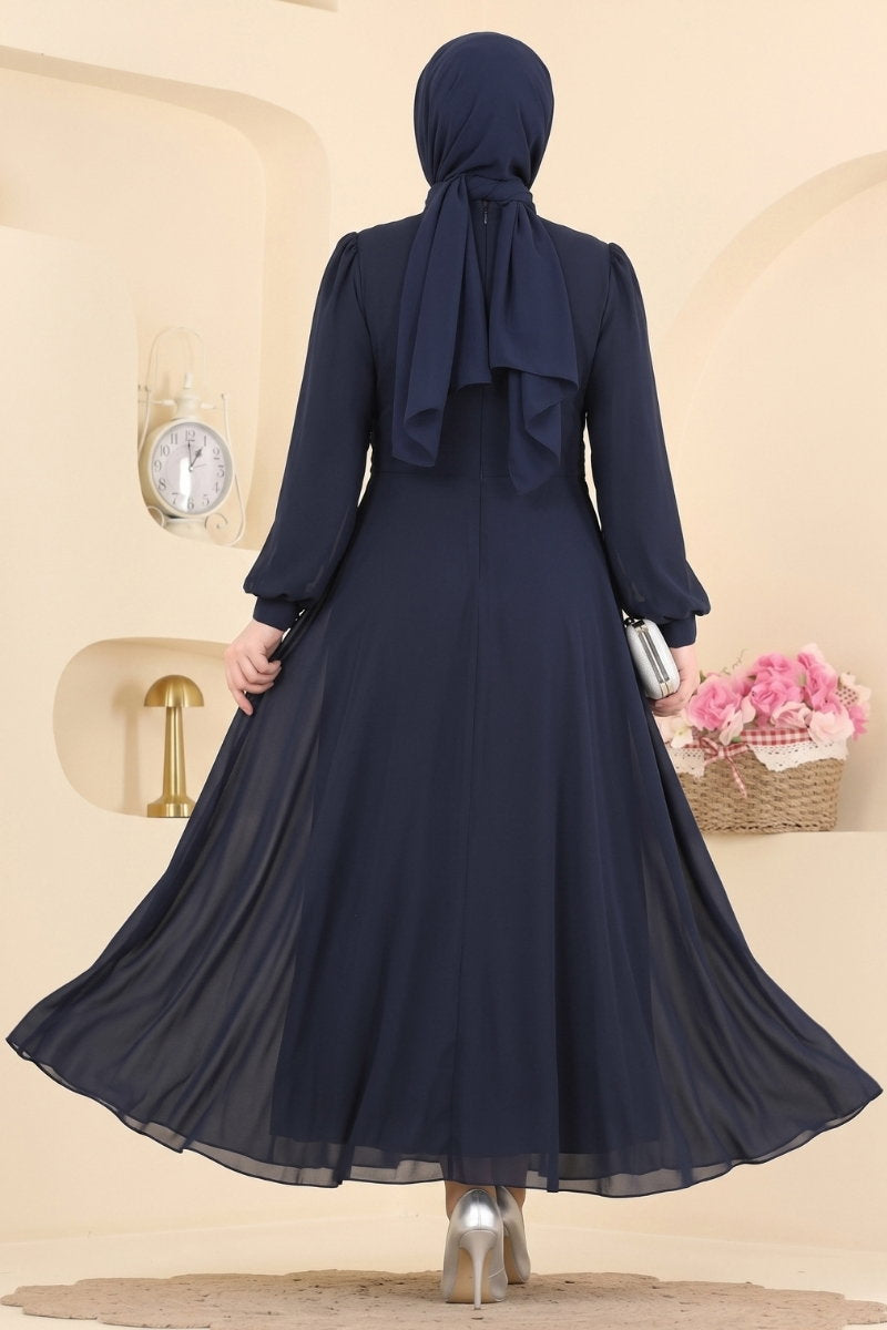 Chiffon Evening Dress with Stones and Ruched Front - Navy
