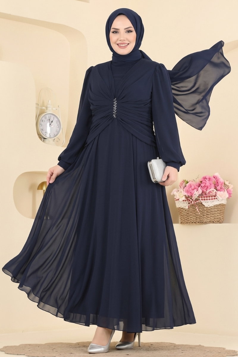 Chiffon Evening Dress with Stones and Ruched Front - Navy