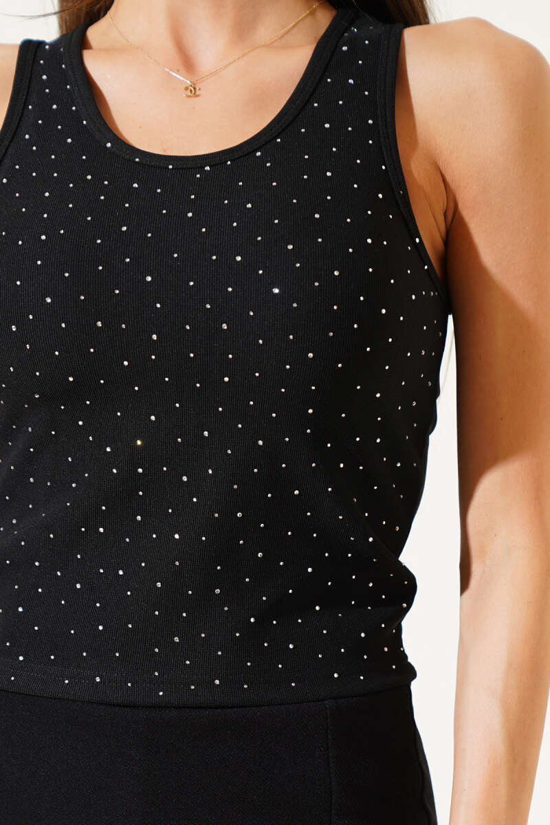 Strappy Crop Top with Stone Front - Black
