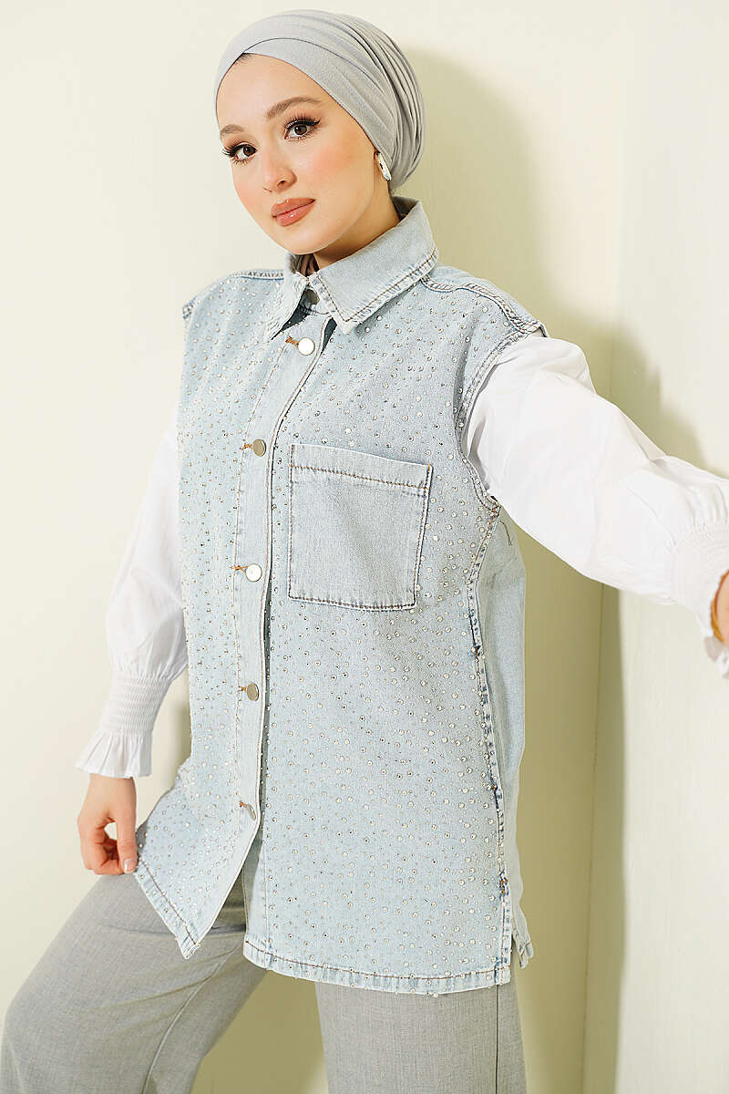 Denim Vest with Jewelled Front and Metal Buttons - Light Wash