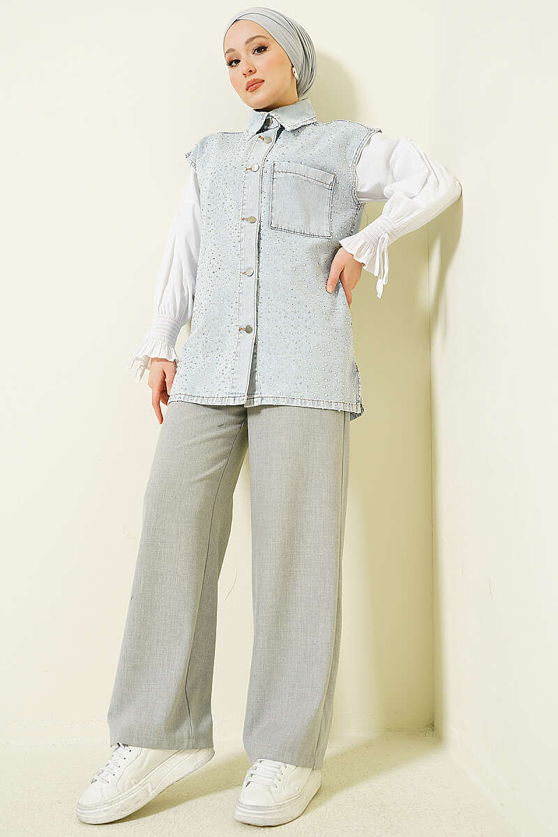 Denim Vest with Jewelled Front and Metal Buttons - Light Wash