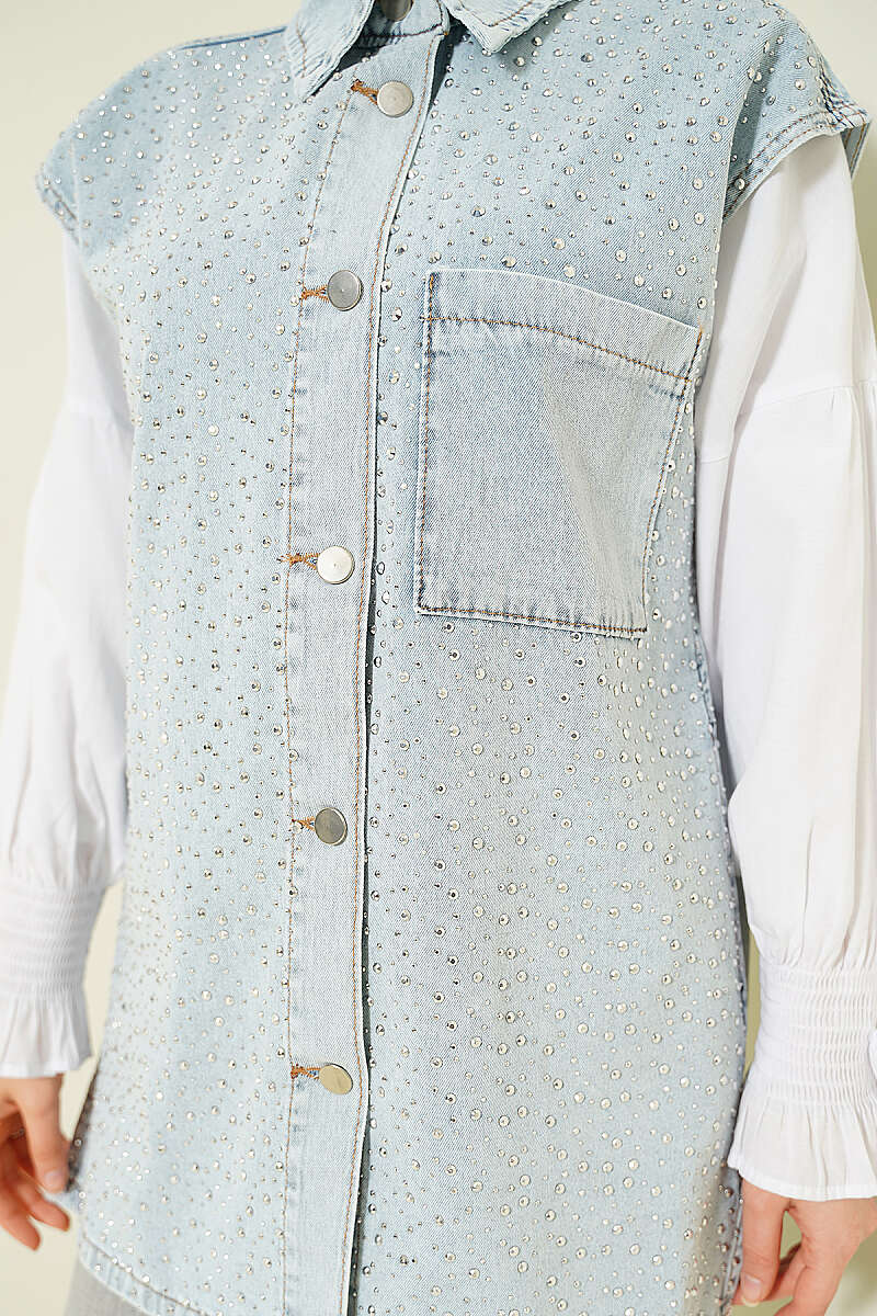 Denim Vest with Jewelled Front and Metal Buttons - Light Wash