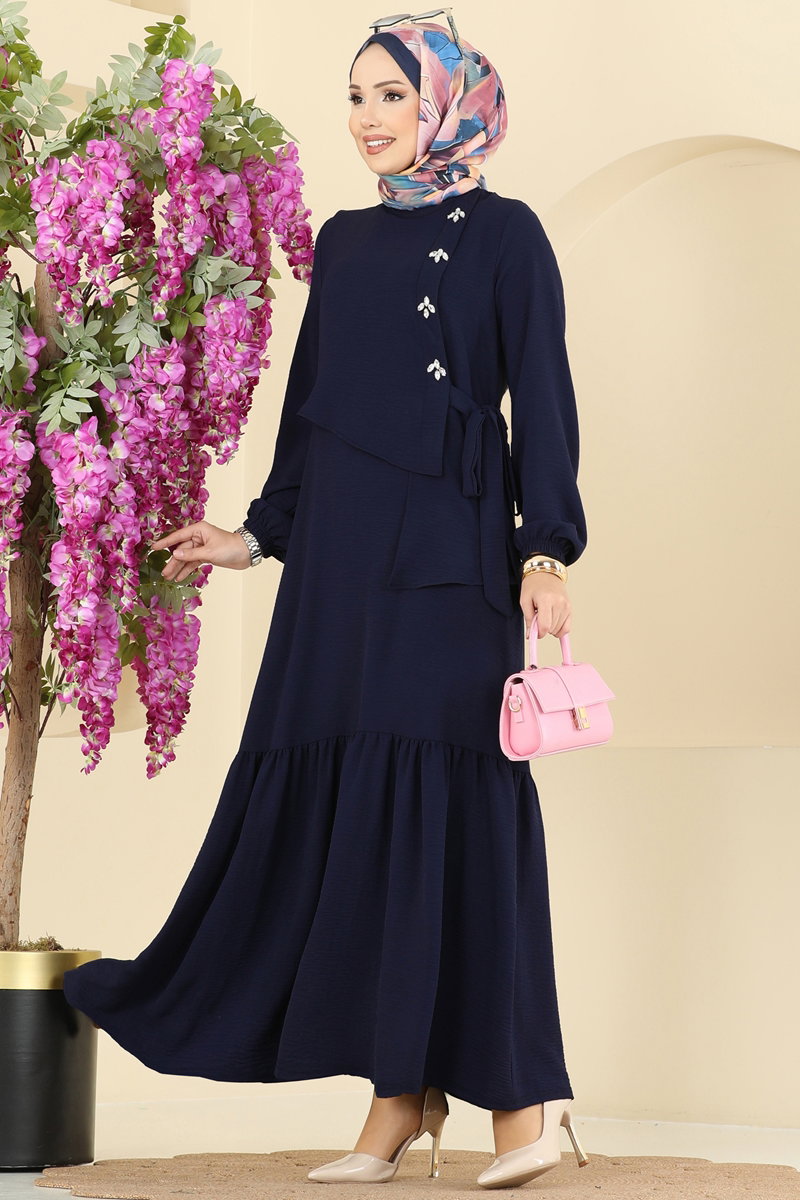 Modest Aerobin Dress with Stone Front - Dark Navy