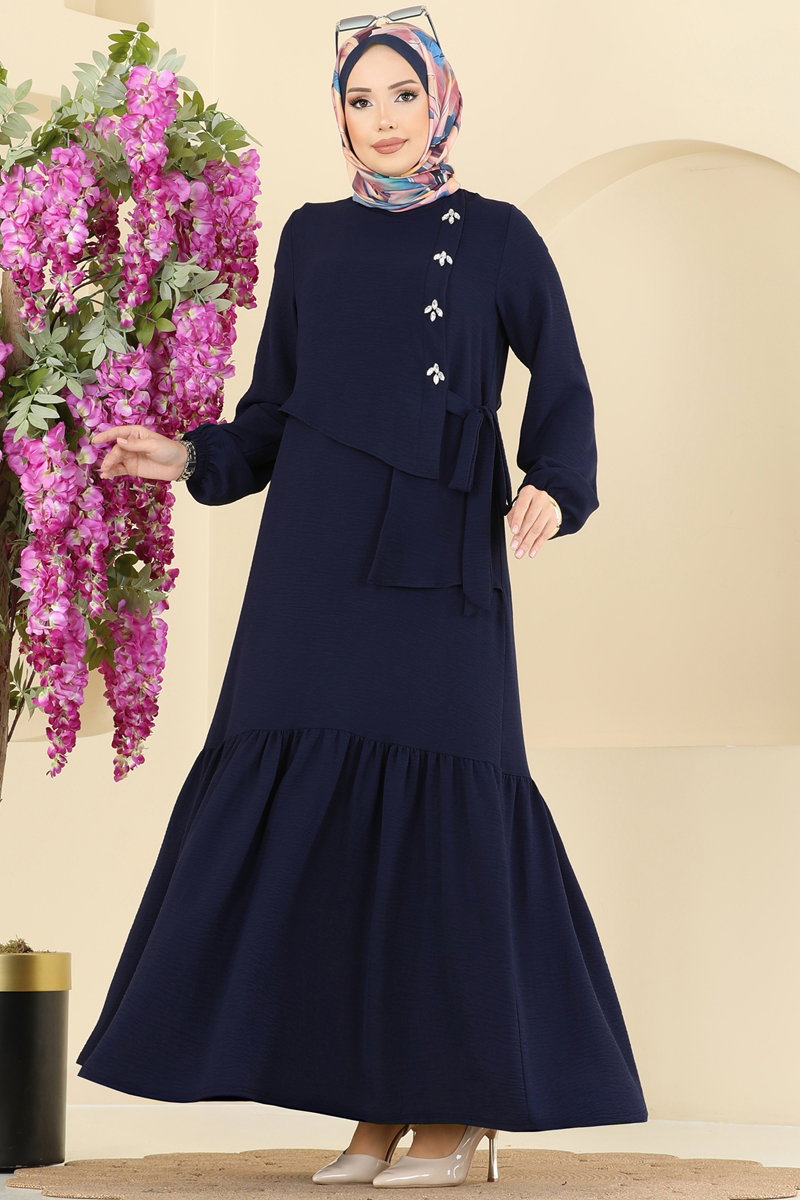 Modest Aerobin Dress with Stone Front - Dark Navy