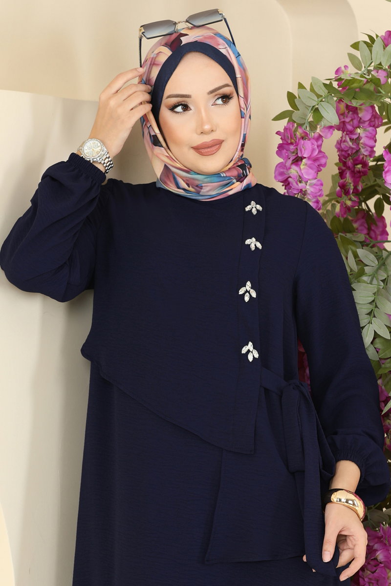 Modest Aerobin Dress with Stone Front - Dark Navy