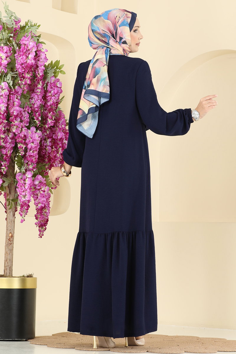 Modest Aerobin Dress with Stone Front - Dark Navy