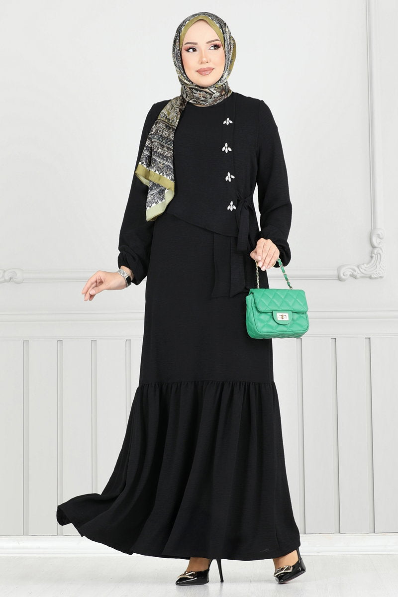 Modest Aerobin Dress with Stone Front - Black