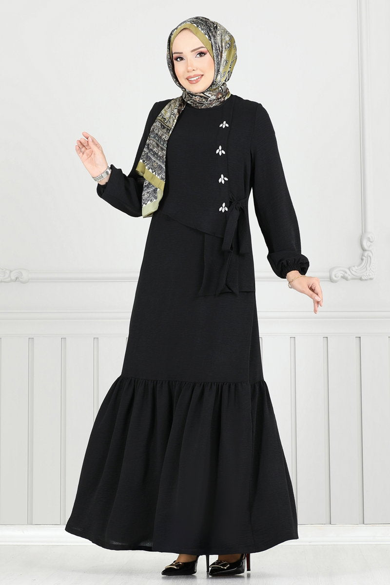 Modest Aerobin Dress with Stone Front - Black