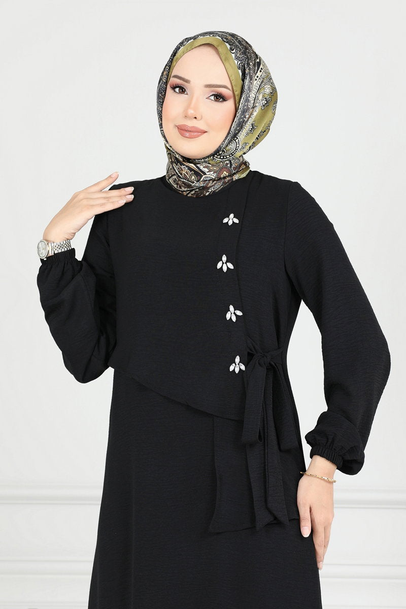 Modest Aerobin Dress with Stone Front - Black