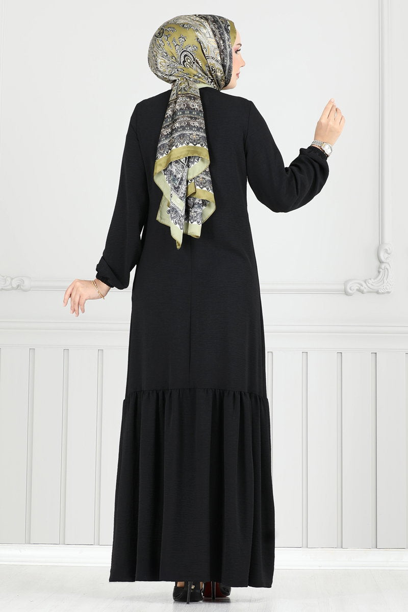 Modest Aerobin Dress with Stone Front - Black