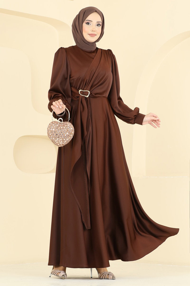 Satin Evening Dress with Front Buckle - Brown