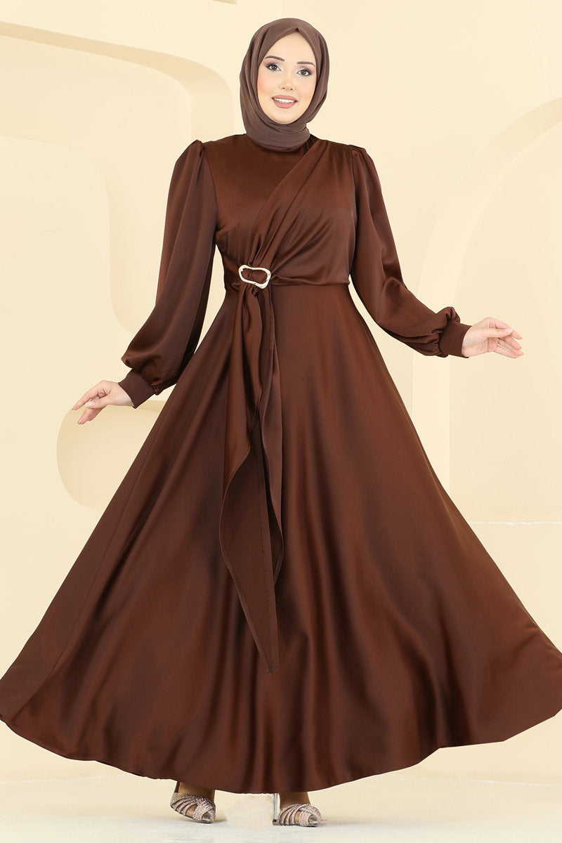 Satin Evening Dress with Front Buckle - Brown