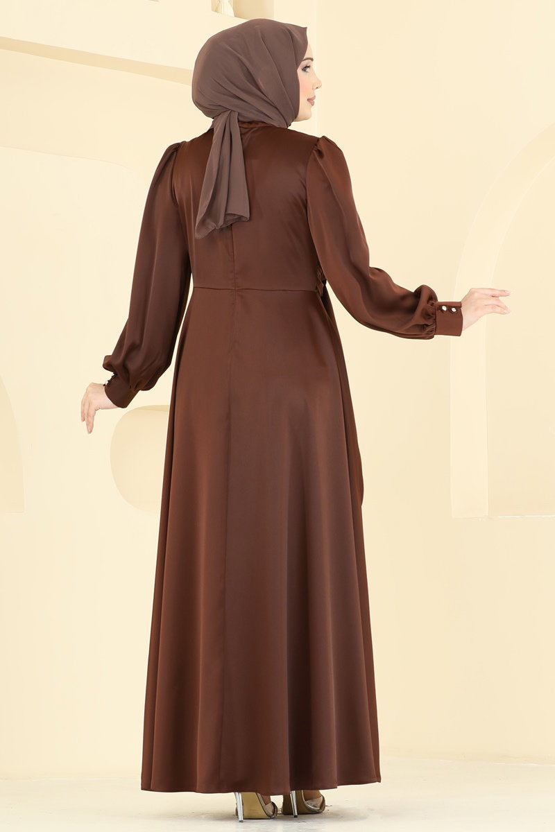 Satin Evening Dress with Front Buckle - Brown