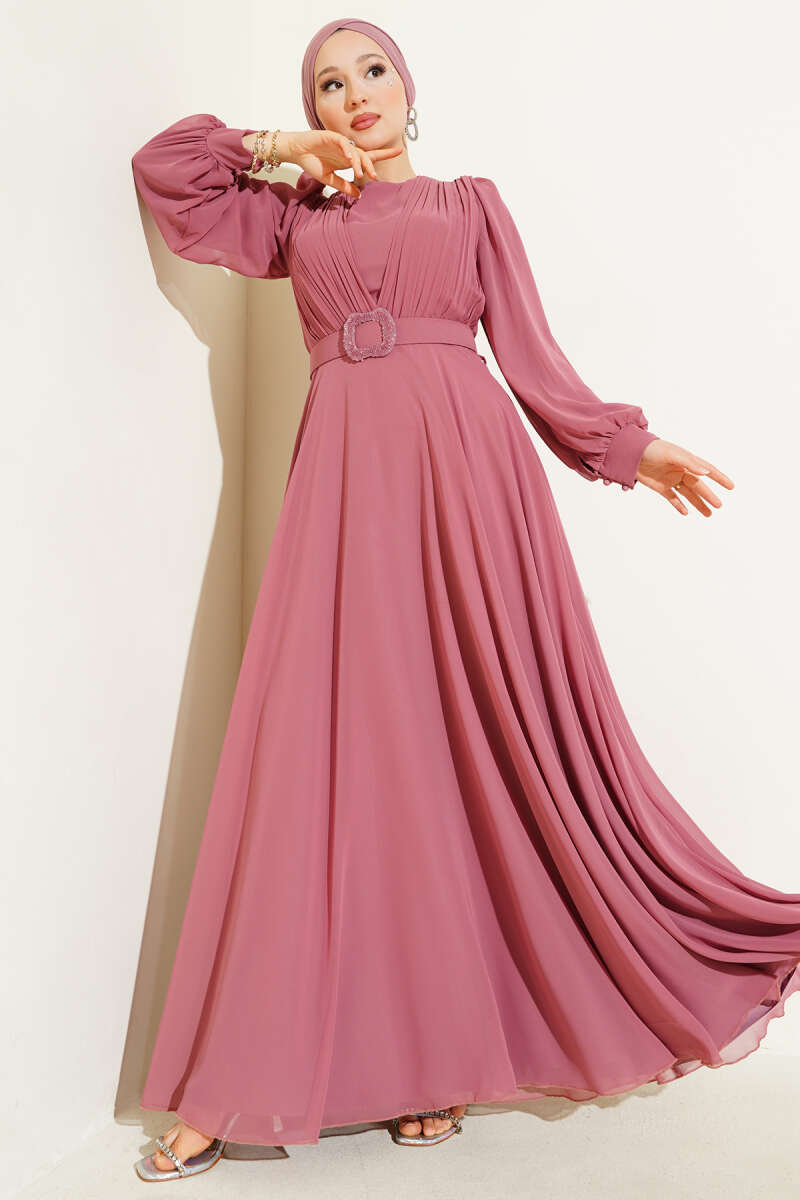 Belted Evening Dress with V Front Pleats - Dusty Rose