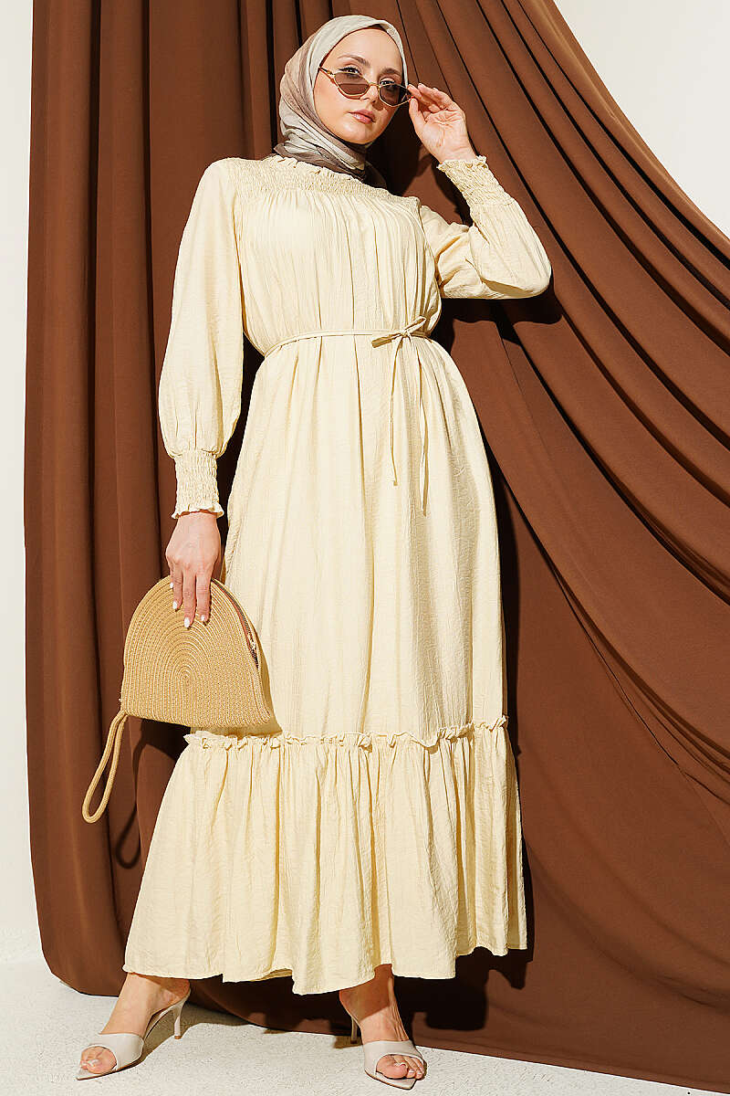 Ruffle Dress with Piped Front and Cuffs - Sand