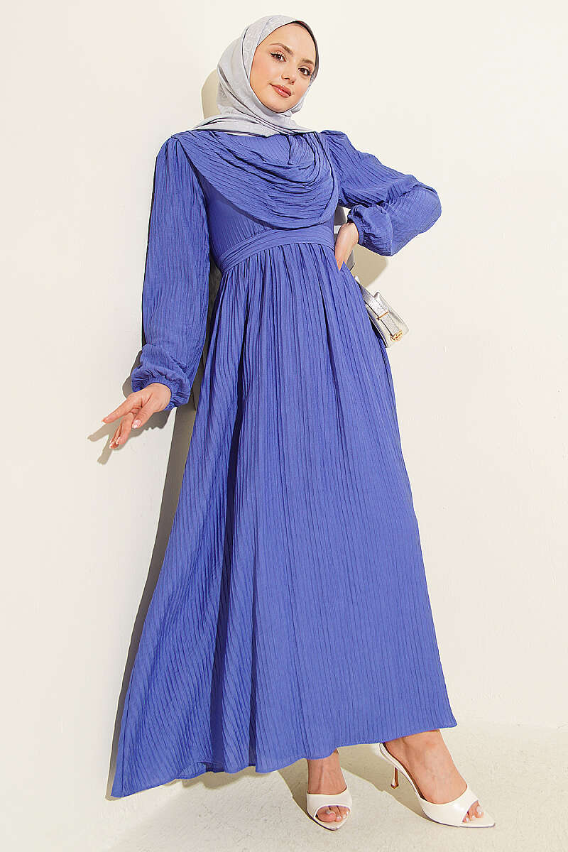 Textured-Stripe Dress with Front Flounce - Blue