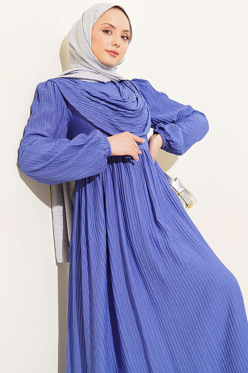 Textured-Stripe Dress with Front Flounce - Blue