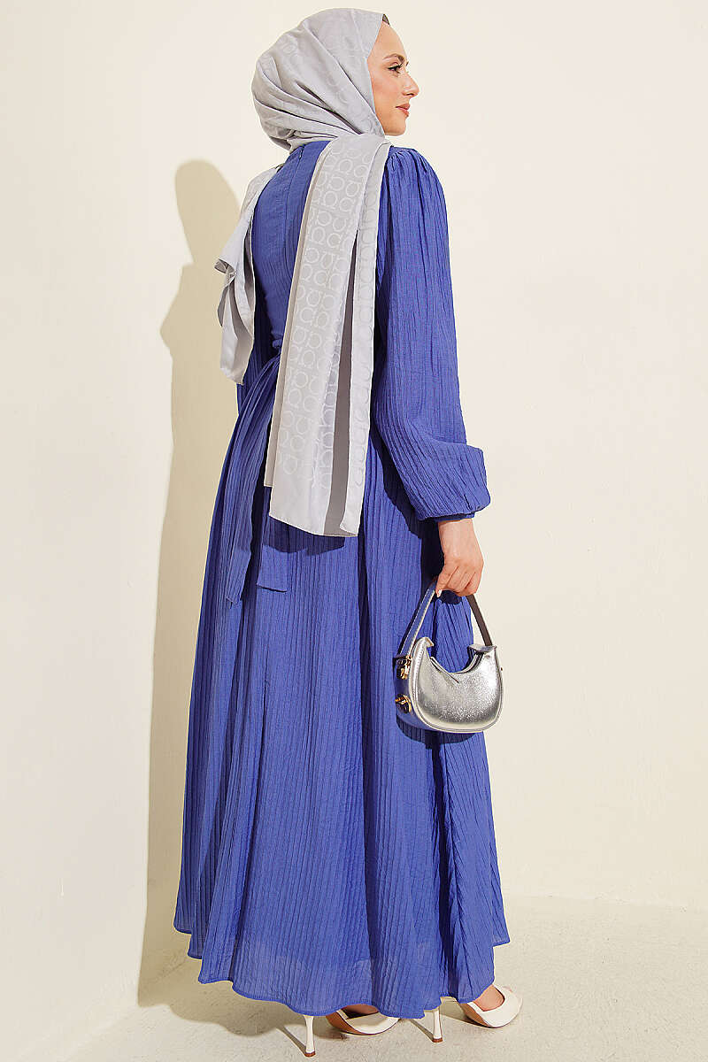 Textured-Stripe Dress with Front Flounce - Blue