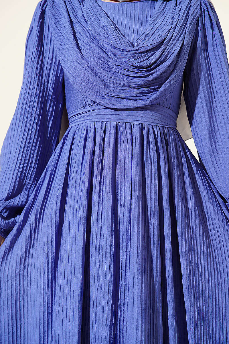 Textured-Stripe Dress with Front Flounce - Blue