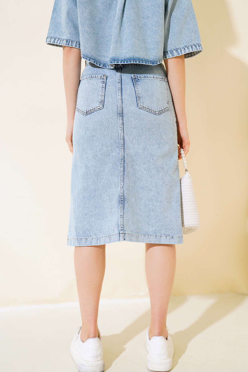 Short Denim Skirt with Front Slit - Light Wash