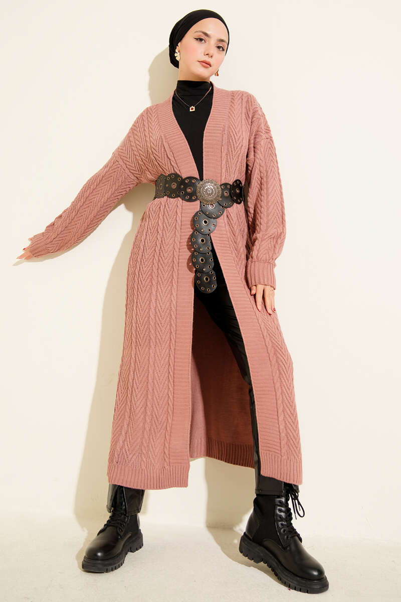 Long Ruched Cable-Knit Cardigan - Dusty Rose